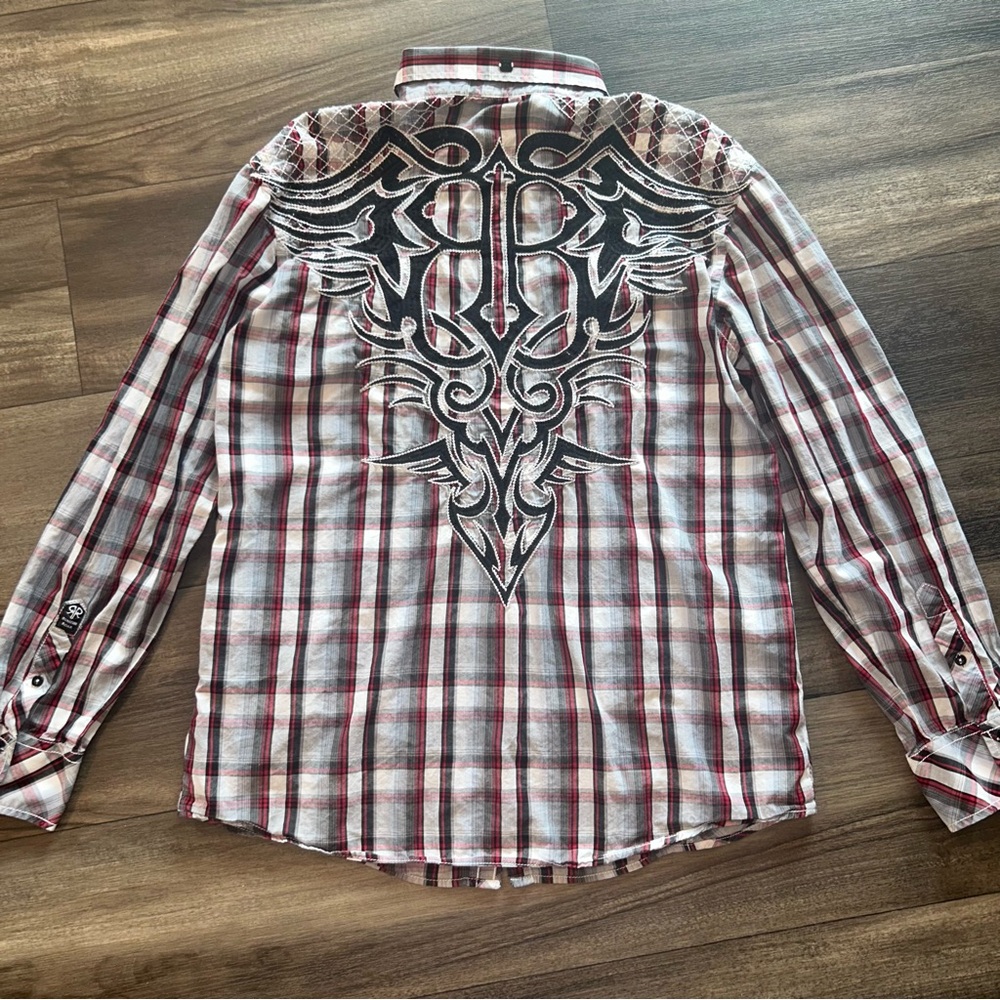 Roar Signature Men's Plaid Red Black Tribal Western Cowboy Embroidered XL